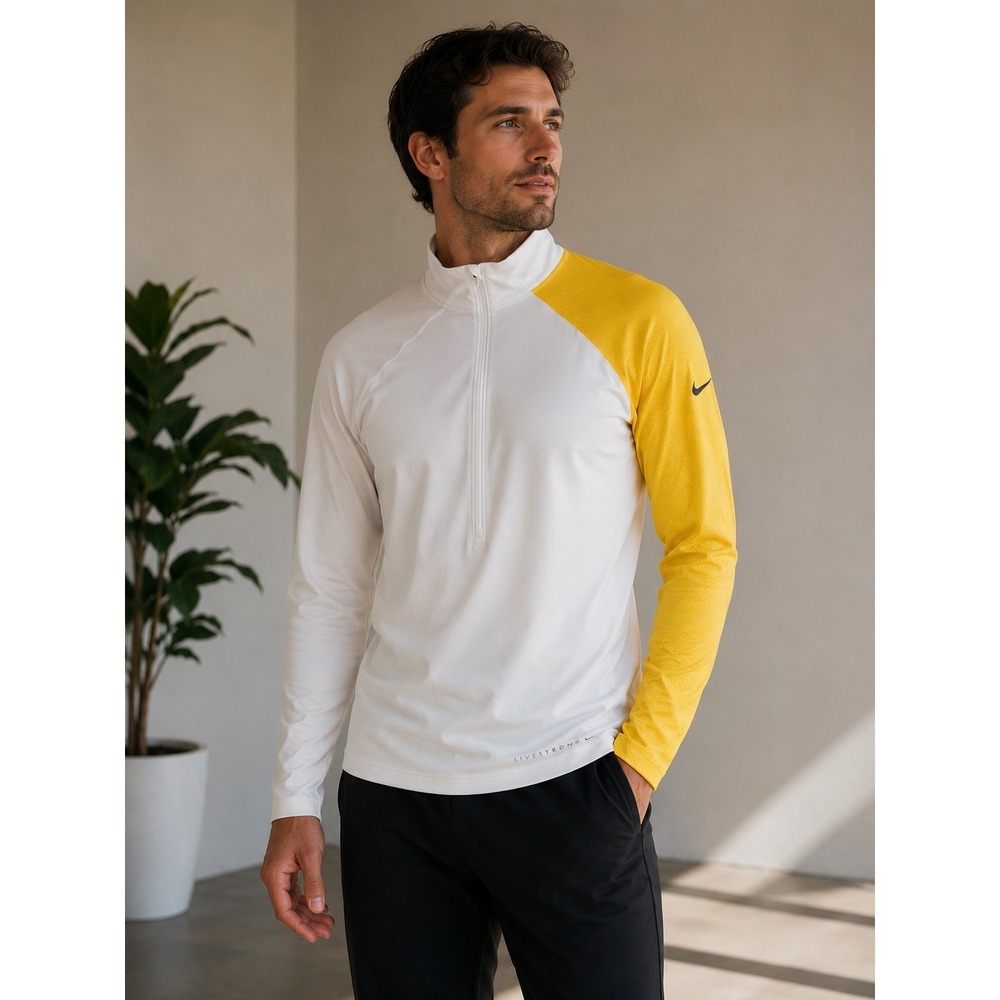 Nike Pro Men LIVESTRONG Fitted Compression 1/4 Zip Thumb Hole White, Yellow SZ M